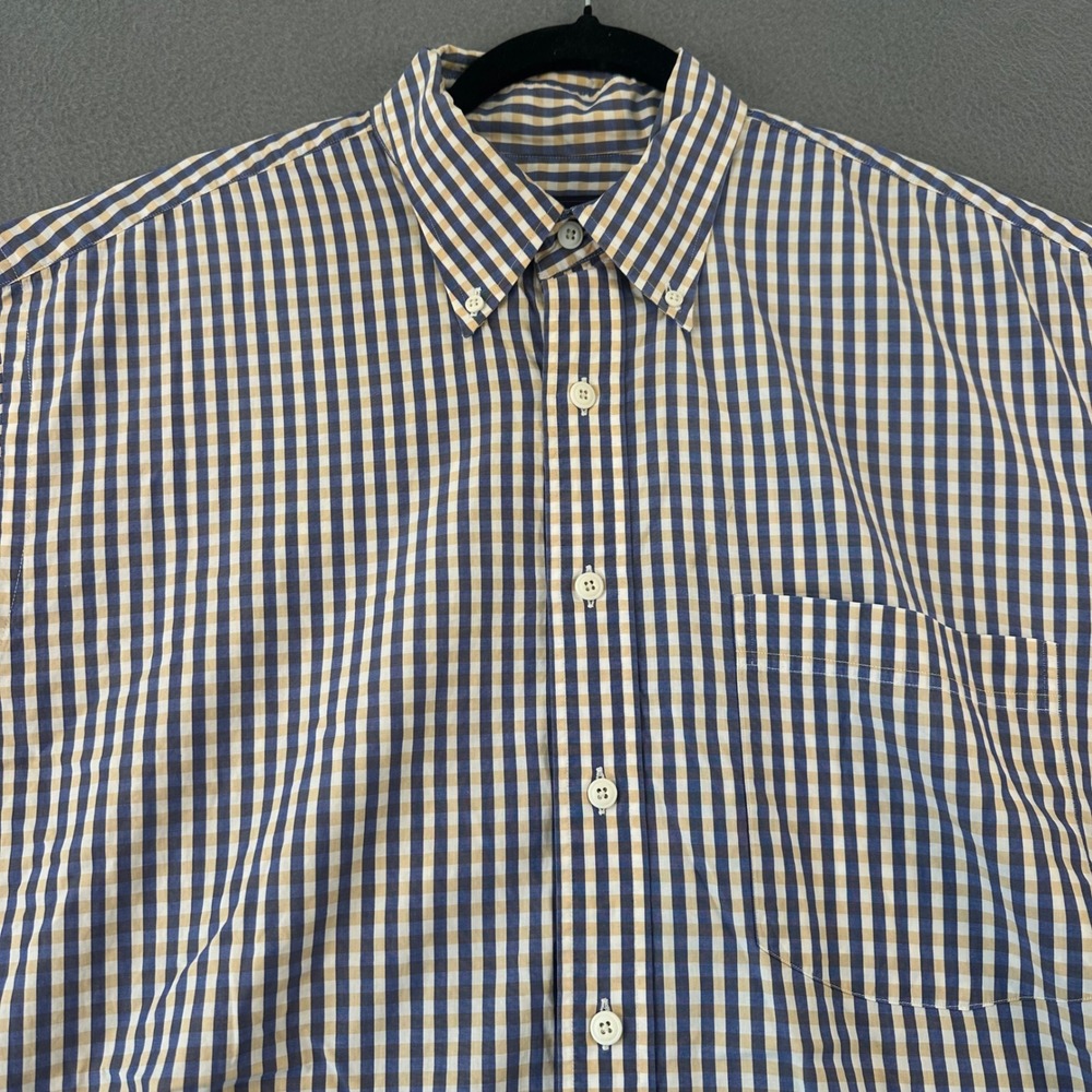 Kenneth Gordon USA Mens Large Gingham Check Short Sleeve Button Down Shirt Blue